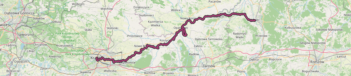 Mapa trasy Kraków - Mielec Wiślana trasa rowerowa z zaznaczonymi polami odkryć, które ta trasa dotyka